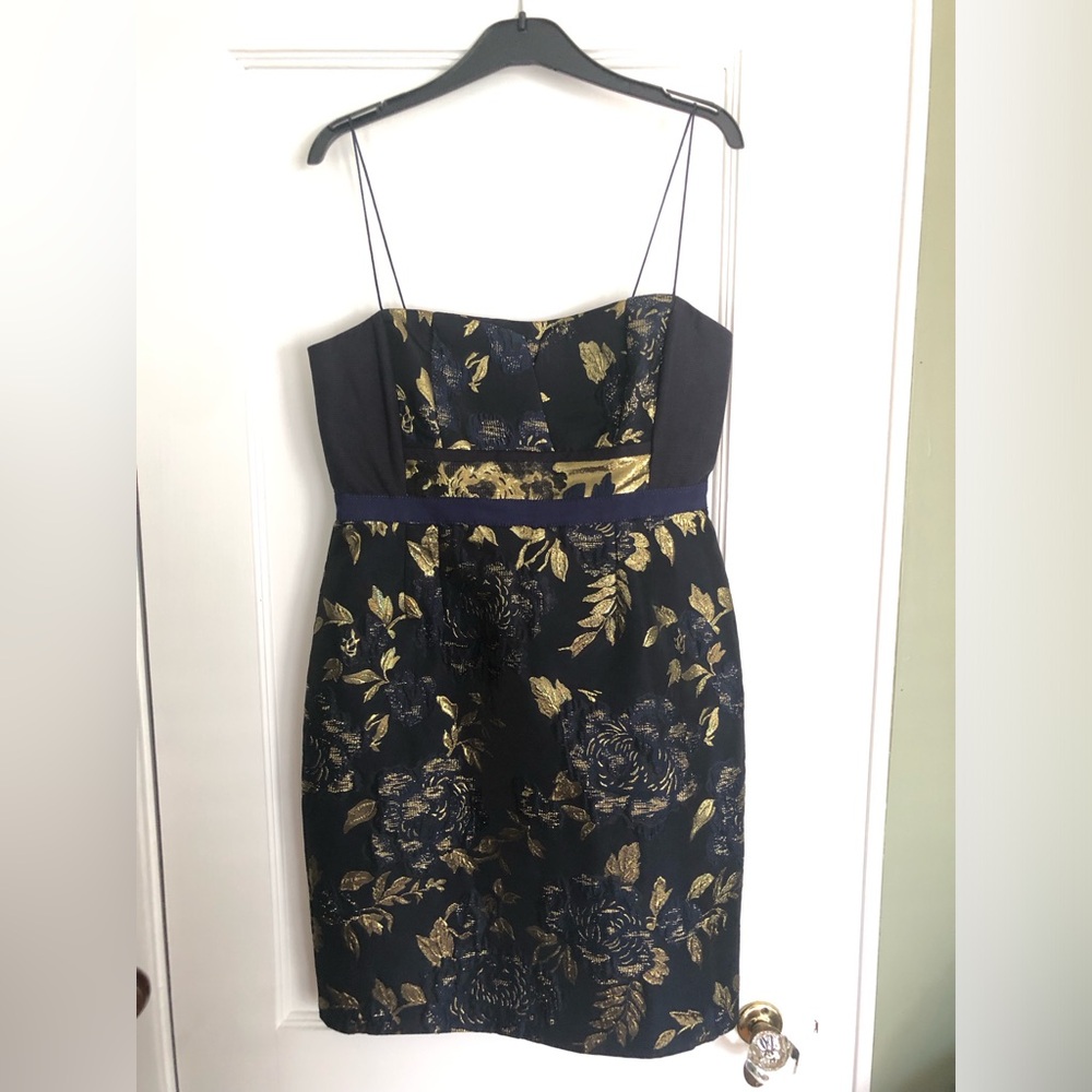 Elie Tahari Orital Jacquard Navy Metallic Gold Floral Cocktail Dress 8 US/ 12UK